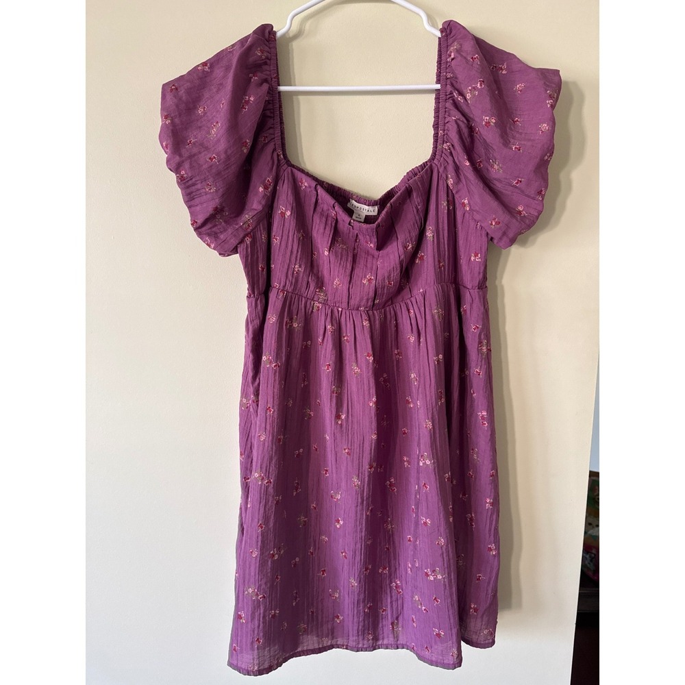 Aeropostale Floral Puff Sleeve Mini Dress Purple Square Neck Smocked Back XL NEW